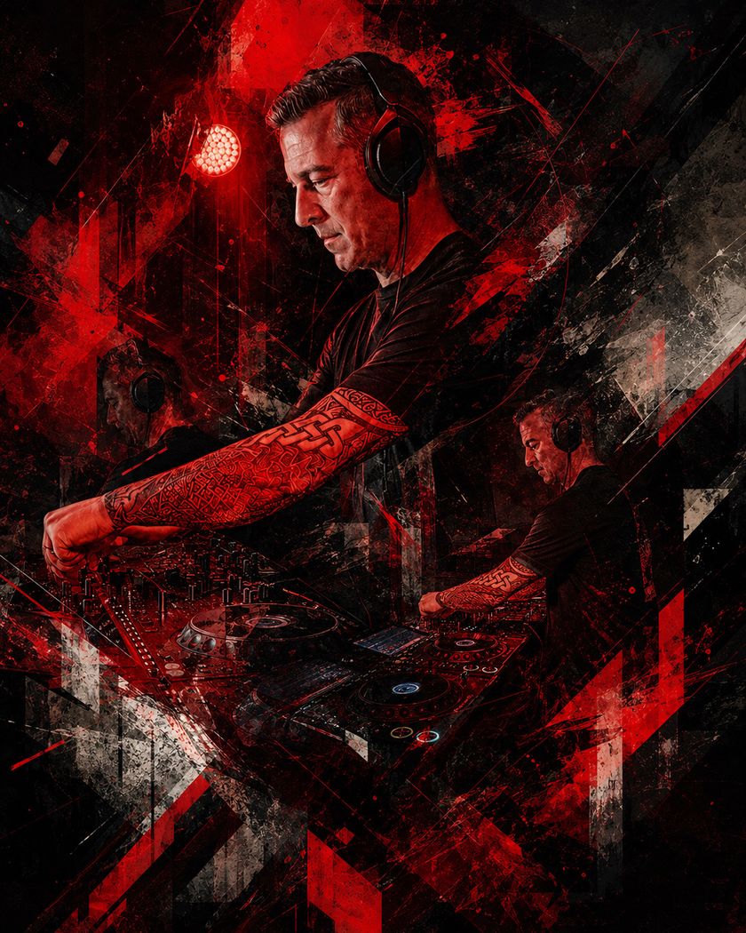 ZenOne mixing on CDJs in red stage light, stylized composite portrait